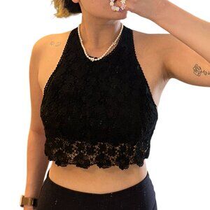 Lace Black Crop Top with Tie Back and Halter Like Neck - Size Small